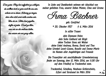 Traueranzeige von Irma Büchner von Südthüringer Presse