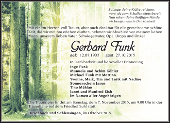 Traueranzeige von Gerhard Funk von Südthüringer Presse