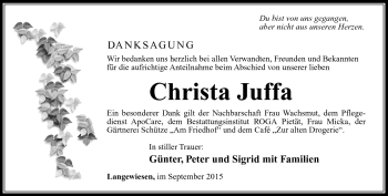 Traueranzeige von Christa Juffa von Südthüringer Presse