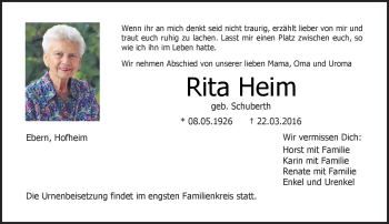 Traueranzeige von Rita Heim von Neue Presse Coburg