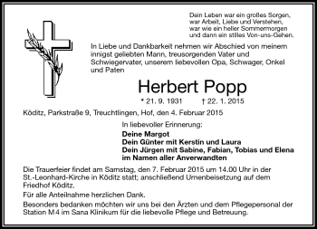 Traueranzeige von Herbert Popp von Frankenpost