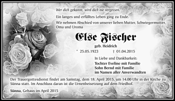 Traueranzeige von Else Fischer von Südthüringer Presse