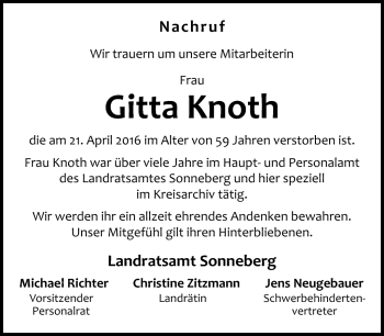 Traueranzeige von Gitta Knoth von Südthüringer Presse