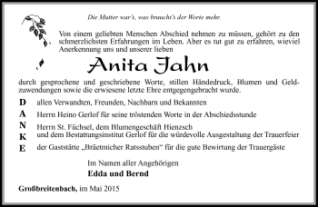 Traueranzeige von Anita Jahn von Südthüringer Presse