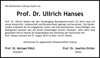 Traueranzeige von Ullrich Hanses von Neue Presse Coburg