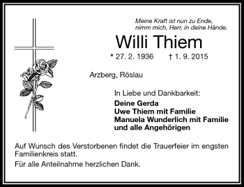 Traueranzeige von Willi Thiem von Frankenpost