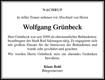 Traueranzeige von Wolfgang Grünbeck von Südthüringer Presse