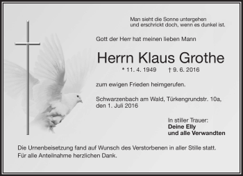 Traueranzeige von Klaus Grothe von Frankenpost