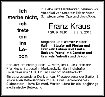 Traueranzeige von Franz Kraus von Frankenpost