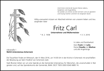 Traueranzeige von Fritz Carl von Neue Presse Coburg