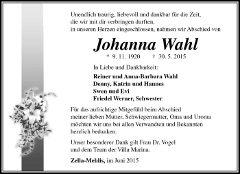 Traueranzeige von Wahl Johanna von Südthüringer Presse