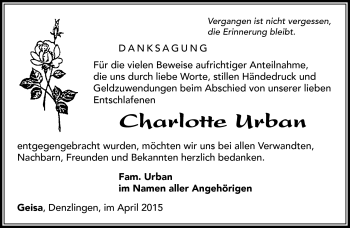 Traueranzeige von Charlotte Urban von Südthüringer Presse