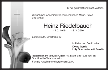 Traueranzeige von Heinz Riedelbauch von Frankenpost