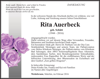 Traueranzeige von Rita Auerbeck von Südthüringer Presse