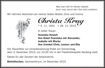 Traueranzeige von Christa Krug von Südthüringer Presse
