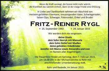 Traueranzeige von Fritz-Reiner Rygl von Südthüringer Presse