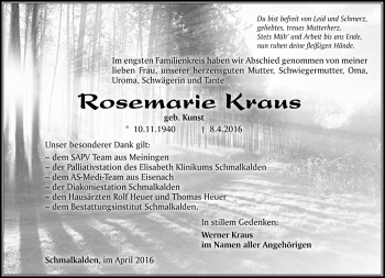 Traueranzeige von Rosi Kraus von Südthüringer Presse