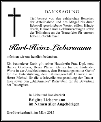 Traueranzeige von Karl-Heinz Liebermann von Südthüringer Presse