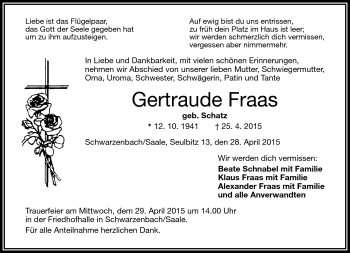 Traueranzeige von Gertraude Fraas von Frankenpost