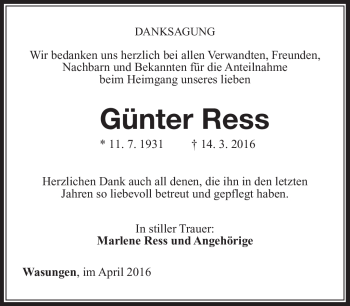 Traueranzeige von Günter Ress von Südthüringer Presse