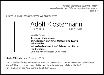 Traueranzeige von Adolf Klostermann von 23048