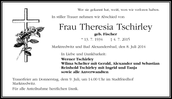 Traueranzeige von Theresia Tschirley von Frankenpost