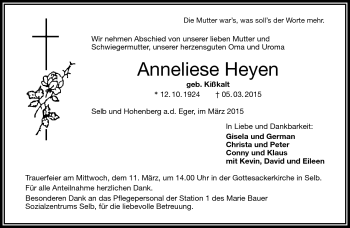 Traueranzeige von Anneliese Heyen von Frankenpost