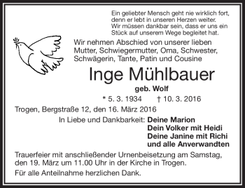 Traueranzeige von Inge Mühlbauer von Frankenpost