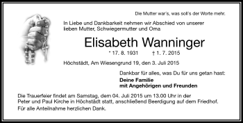 Traueranzeige von Elisabeth Wanninger von Frankenpost