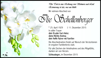 Traueranzeige von Ilse Schellenberger von Südthüringer Presse