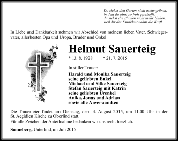 Traueranzeige von Helmut Sauerteig von Südthüringer Presse