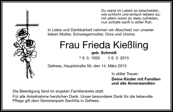 Traueranzeige von Frieda Kießling von Frankenpost
