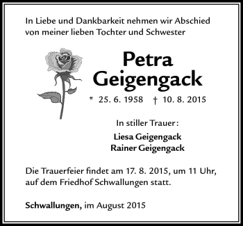 Traueranzeige von Petra Geigengack von Südthüringer Presse
