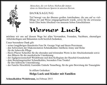Traueranzeige von Werner Luck von Südthüringer Presse