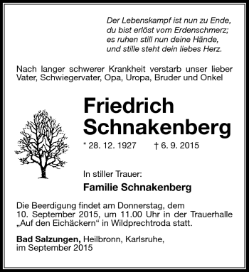 Traueranzeige von Friedrich Schnakenberg von Südthüringer Presse