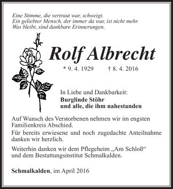 Traueranzeige von Rolf Albrecht von Südthüringer Presse