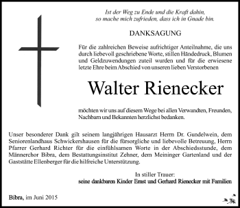 Traueranzeige von Walter Rienecker von Südthüringer Presse