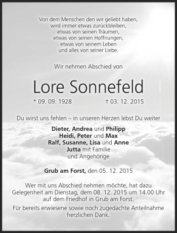 Traueranzeige von Lore Sonnefeld von Neue Presse Coburg