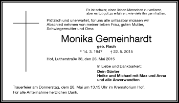 Traueranzeige von Monika Gemeinhardt von Frankenpost