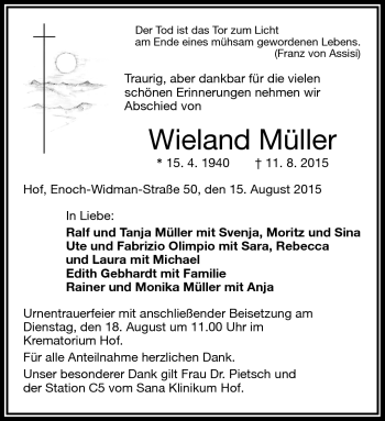 Traueranzeige von Wieland Müller von Frankenpost