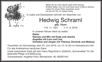 Traueranzeige von Hedwig Schraml von Frankenpost