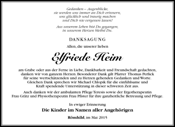 Traueranzeige von Elfriede Heim von Südthüringer Presse