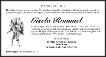 Traueranzeige von Gisela Rommel von Südthüringer Presse