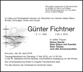 Traueranzeige von Günter Fichtner von Neue Presse Coburg