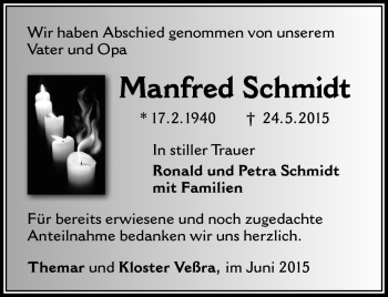 Traueranzeige von Manfred Schmidt von Südthüringer Presse