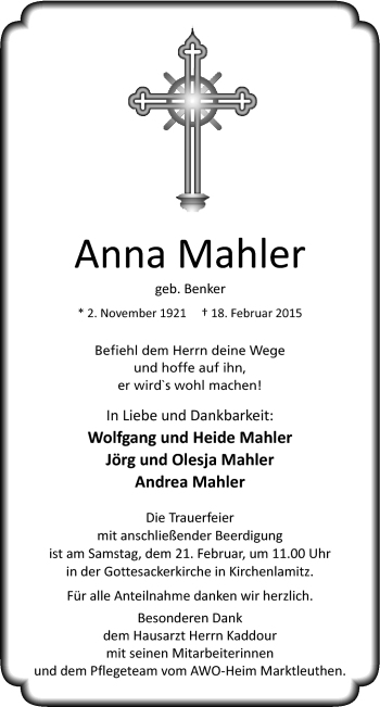 Traueranzeige von Anna Mahler von Frankenpost