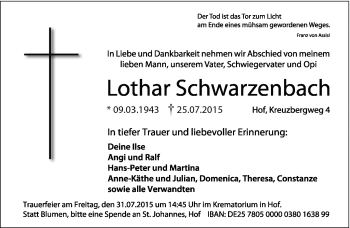 Traueranzeige von Lothar Schwarzenbach von Frankenpost