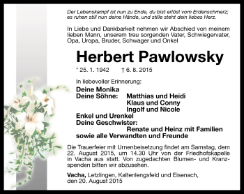 Traueranzeige von Herbert Pawlowsky von Südthüringer Presse