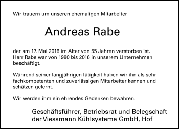 Traueranzeige von Rabe Andreas von Frankenpost