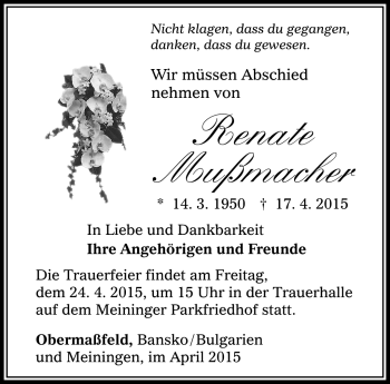 Traueranzeige von renate Mußmacher von Südthüringer Presse